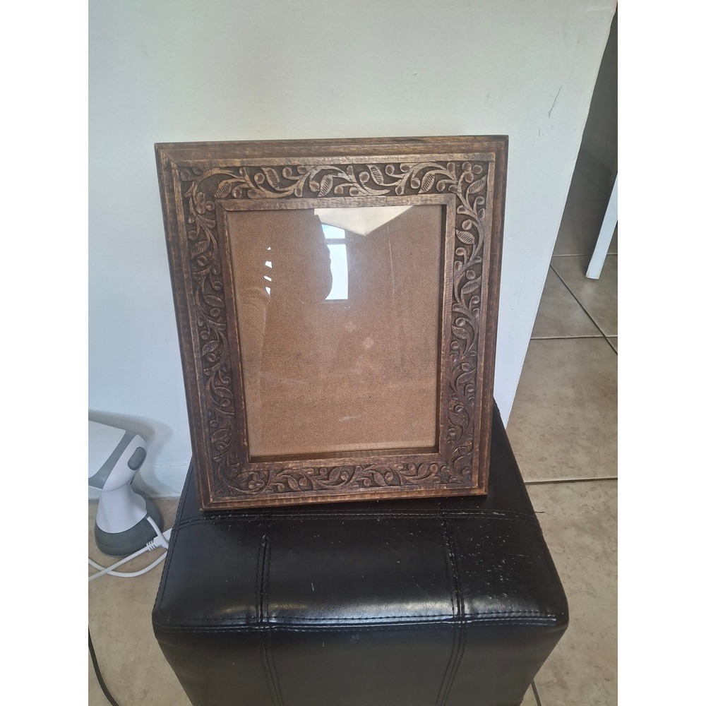 Hand Carved Wood Floral Picture Frame 8x10 Made in India Boho Rustic Brown